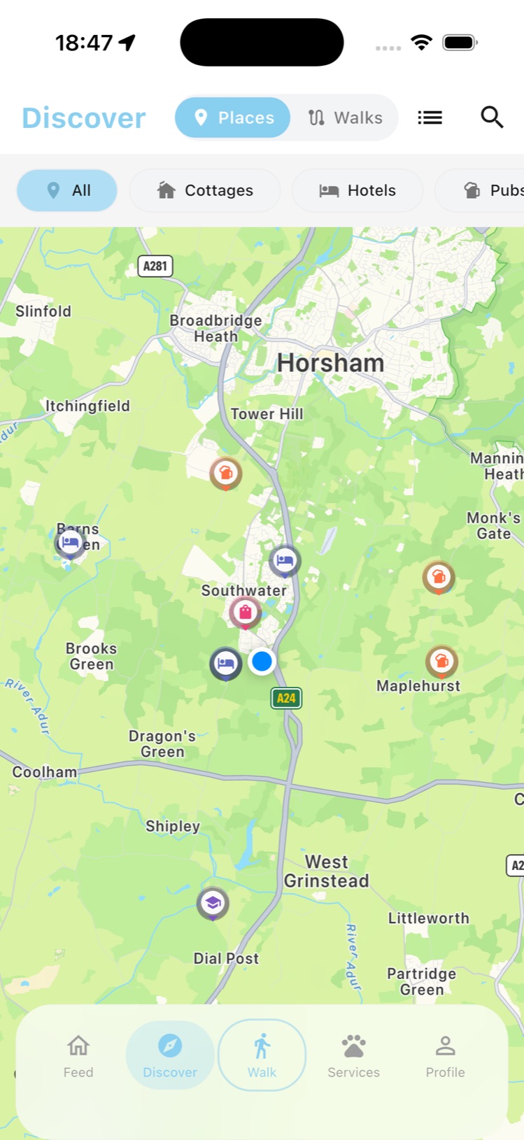 Go Rocco discover map showing dog-friendly places nearby