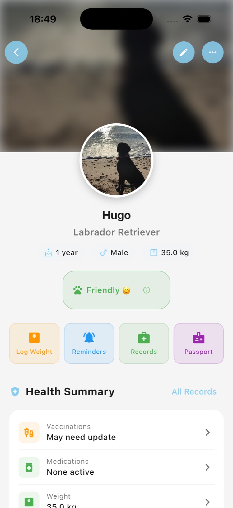Go Rocco pet profile with health records and temperament badge
