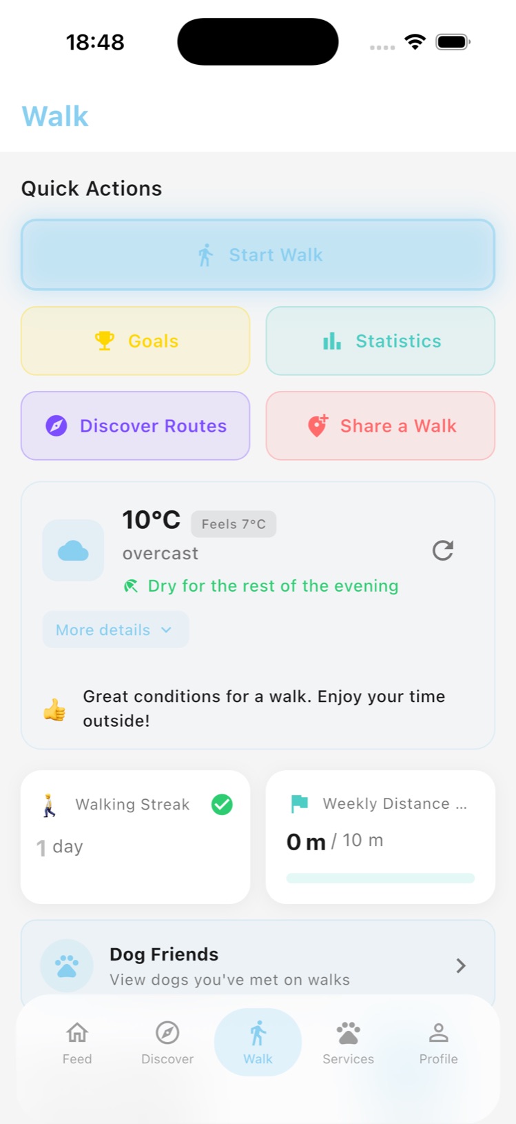 Go Rocco walk dashboard with weather, goals, and quick actions